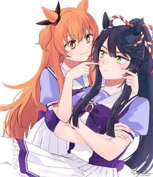 2girls absurdres animal_ears bandaid bandaid_on_face bandaid_on_nose black_bow black_hair bow bowtie cheek_poking closed_mouth commentary crossed_arms crossed_legs ear_bow hair_ribbon highres horse_ears horse_girl long_hair looking_at_viewer mayano_top_gun_(umamusume) multiple_girls narita_brian_(umamusume) orange_hair pleated_skirt poking puffy_short_sleeves puffy_sleeves purple_bow purple_bowtie purple_shirt red_ribbon ribbon sailor_collar sailor_shirt school_uniform shirt short_sleeves sidelocks signature simple_background skirt smile summer_uniform tracen_school_uniform umamusume very_long_hair white_background white_ribbon white_sailor_collar white_skirt yellow_eyes yonu_(yonurime) yuri
