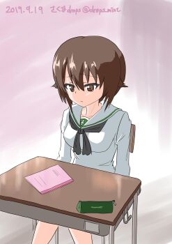 1girl absurdres artist_name black_neckerchief blouse breasts brown_eyes brown_hair chair classroom commentary_request cross dated desk drops_mint girls_und_panzer green_skirt highres indoors large_breasts long_sleeves miniskirt neckerchief nishizumi_maho notebook on_chair on_desk ooarai_school_uniform pencil_case pink_background pleated_skirt sad sailor_collar school school_chair school_desk school_uniform serafuku shirt short_hair sitting skirt solo twitter_username white_sailor_collar white_shirt