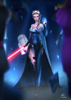 1girl adapted_costume anna_(frozen) astromech_droid blonde_hair breasts cape cleavage crossover dark_persona disney dress elsa_(frozen) energy_sword frozen_(disney) glowing glowing_weapon highres lightsaber long_hair parody r2-d2 raikoart red_eyes sith star_wars sword tattoo weapon yellow_eyes