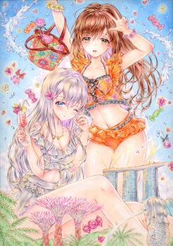 2girls absurdres arms_up basket beard besanten bikini bikini_skirt blue_eyes blue_sky breasts brown_eyes brown_hair candy cleavage cocktail_glass commentary_request cup day double-parted_bangs drinking_glass drinking_straw facial_hair floral_print floral_print_bikini flower food frilled_bikini frills hair_between_eyes hair_flower hair_ornament hands_up high_ponytail highres holding holding_cup jewelry lollipop long_beard long_hair looking_at_viewer marker_(medium) multiple_girls navel necklace one_eye_closed orange_bikini original outdoors parted_bangs parted_lips pink_flower ponytail print_bikini sitting sky standing stomach swimsuit traditional_media w water_drop white_bikini white_hair wrapped_candy