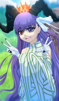 1girl bare_shoulders breasts darkkin double_v dress elbow_gloves fate/grand_order fate_(series) flower giant giantess gloves hair_flower hair_ornament hair_ribbon heterochromia highres horns kingprotea_(fate) kingprotea_(third_ascension)_(fate) knees_up long_hair looking_at_viewer open_mouth orange_eyes pantyhose purple_eyes purple_hair ribbon small_breasts smile solo squatting striped_clothes striped_dress striped_gloves striped_pantyhose thighs v very_long_hair white_dress white_gloves white_pantyhose white_ribbon