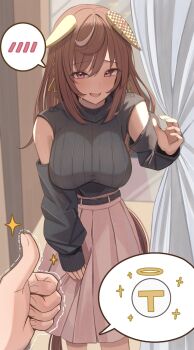 1boy 1girl absurdres animal_ears black_sleeves blush brown_hair buena_vista_(umamusume) commentary_request detached_sleeves ear_covers fingernails hanma_amnah highres horse_ears horse_girl horse_tail looking_at_viewer multicolored_hair open_mouth pink_skirt purple_eyes skirt smile spoken_character streaked_hair sweat t-head_trainer_(umamusume) tail thumbs_up trainer_(umamusume) trembling umamusume white_hair white_streaks