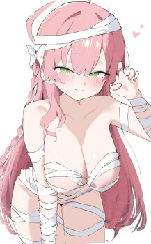 1girl absurdres ahoge bandaged_arm bandaged_chest bandaged_head bandaged_leg bandages blue_archive blush bow braid breasts closed_mouth collarbone green_eyes groin hair_bow halo hanako_(blue_archive) heart highres huge_breasts leaning_forward long_hair looking_at_viewer mummy_costume naked_bandage pink_hair pink_halo simple_background smile solo terra_tiri thighs white_background white_bow