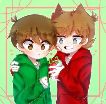Rule 34 | 2boys, animification, blush, border, brown eyes, cola, commentary, drink, edd (eddsworld), eddsworld, english commentary, green background, green hoodie, grey eyes, grin, hair ears, hand on another's shoulder, heart, holding, holding drink, hood, hood down, hoodie, jitome, long sleeves, male focus, multiple boys, red border, red hoodie, ribbon, simple background, smile, tord (eddsworld), upper body, yulazee