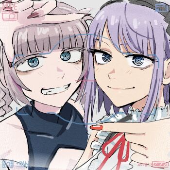 2girls battery_indicator black_shirt blue_eyes blunt_bangs cleavage_cutout closed_mouth clothing_cutout creator_connection crop_top dagashi_kashi fingernails grey_hair grin highres index_finger_raised looking_at_viewer multiple_girls nail_polish nanakusa_nazuna_(yofukashi_no_uta) neck_ribbon portrait purple_hair red_nails red_ribbon reiquant ribbon ringed_eyes sharp_fingernails shidare_hotaru shirt short_hair sidelocks sleeveless sleeveless_shirt smile very_long_fingernails viewfinder yofukashi_no_uta