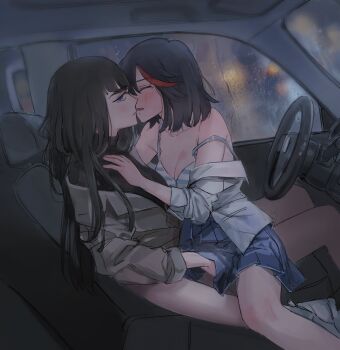 2girls aroused blue_eyes bra bra_strap car car_seat closed_eyes coat female_focus fingering highres incest jibek_lily kill_la_kill kiryuuin_satsuki long_hair looking_at_viewer matoi_ryuuko motor_vehicle multiple_girls rain shirt short_hair siblings sisters sitting sitting_on_lap sitting_on_person skirt steering_wheel striped_bra striped_clothes underwear window yuri