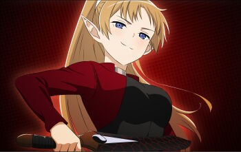 archer_(fate) archer_(fate)_(cosplay) artoria_pendragon_(fate) blue_eyes cosplay dungeon_ni_deai_wo_motomeru_no_wa_machigatteiru_darou_ka elf highres igote kanshou_&amp;_bakuya_(fate) lefiya_viridis orange_hair pointy_ears rayish saber_(fate) saber_(fate)_(cosplay) sweater_guard sword_oratoria