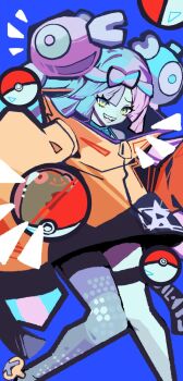 Rule 34 | 1girl, :d, bellibolt, blue background, blue hair, blue skin, bow, bow-shaped hair, character hair ornament, colored skin, gen 1 pokemon, green eyes, hair bow, hair ornament, highres, iono (pokemon), jacket, long hair, long sleeves, magnemite, multicolored hair, nintendo, open mouth, pink hair, poke ball, pokemon, pokemon sv, purano7, sharp teeth, shirt, simple background, single leg pantyhose, sleeves past fingers, sleeves past wrists, smile, solo, teeth, thighhighs, two-tone hair, upper teeth only, yellow jacket