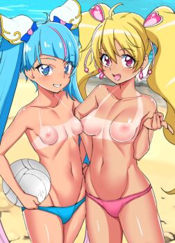 2girls armpits asortofcolorfag ball beach bikini blonde_hair blue_bikini blue_eyes blue_hair blush breasts colorized cure_peach cure_sky earrings eyebrows_hidden_by_hair groin hair_between_eyes highres holding holding_ball jewelry long_hair looking_at_viewer medium_breasts miyagoe_yoshitsuki momozono_love multiple_girls navel nipples ocean open_mouth pink_bikini pink_eyes precure smile sora_harewataru stomach swimsuit tan tanline teeth topless_female twintails very_long_hair volleyball