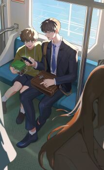 1girl 2boys black_hair briefcase brown_hair bug cellphone formal_clothes green_eyes green_shirt highres bug_cage kim_dokja lee_gilyoung massivehams multiple_boys necktie omniscient_reader's_viewpoint orange_hair phone shirt smartphone subway suit yoo_sangah