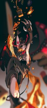 1boy alcohol animal_ears aozmspn_e black_pants black_sclera black_suspenders cat_boy cat_ears colored_sclera commentary demon_boy feathered_wings furry furry_male hazbin_hotel hellaverse highres male_focus pants solo symbol-only_commentary wings yellow_eyes