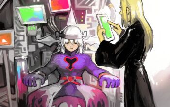 2boys belt black_coat black_coat_(kingdom_hearts) blonde_hair bodysuit cape chair closed_eyes coat commentary day english_commentary expressionless facing_to_the_side hands_up highres holding holding_tablet_pc hood hood_down indoors kingdom_hearts kingdom_hearts:_chain_of_memories laboratory long_bangs long_coat long_hair long_sleeves machine male_focus monitor multiple_belts multiple_boys no_gloves parted_bangs purple_bodysuit red_belt restrained riku_replica sitting snoozaga spread_legs standing tablet_pc torn_cape torn_clothes upper_body vexen waist_cape white_hair