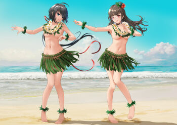 2girls absurdres ahoge areola_slip barefoot beach black_hair blue_eyes blue_sky breasts censored choukai_(kancolle) choukai_kai_ni_(kancolle) cloud convenient_necklace dancer dancing day flower flower_necklace gibun_(sozoshu) glasses grass_skirt highres hula jewelry kako_(kancolle) kako_kai_ni_(kancolle) kantai_collection large_breasts lei long_hair medium_breasts messy_hair mosaic_censoring multiple_girls navel necklace ocean outdoors parted_bangs ponytail red_eyes sky topless_female very_long_hair waves
