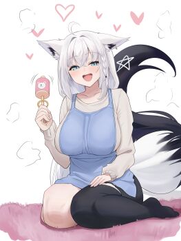 1girl absurdres ahoge alternate_costume animal_ears apron black_pantyhose blue_apron blush breasts commentary fox_ears fox_girl fox_tail green_eyes grey_hair heart highres holding holding_rattle hololive large_breasts long_sleeves looking_at_viewer on_floor open_mouth pantyhose rattle shirakami_fubuki shirt single_leg_pantyhose sitting solo star_(symbol) tail teeth tks_rkgk upper_teeth_only virtual_youtuber wariza white_shirt