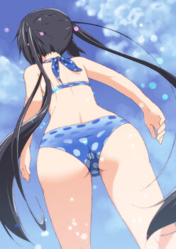 1girl ass back bikini black_hair blue_bikini day errant female_focus from_behind from_below k-on! long_hair nakano_azusa outdoors polka_dot polka_dot_bikini polka_dot_swimsuit solo swimsuit trefoil twintails