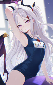 1girl absurdres arm_behind_head armpits ball black_halo blue_archive blue_one-piece_swimsuit breasts demon_girl demon_horns demon_wings exercise_ball halo highres hina_(blue_archive) hina_(swimsuit)_(blue_archive) horns karaage_(xxxmido02) long_hair low_wings multiple_horns name_tag official_alternate_costume old_school_swimsuit one-piece_swimsuit purple_wings school_swimsuit small_breasts solo swimsuit whistle whistle_around_neck white_hair wings