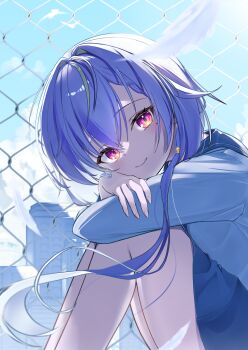 1girl absurdres backlighting blue_hair blue_skirt blush closed_mouth commentary crossed_arms day eyelashes falling_feathers feathers feet_out_of_frame floating_hair from_side green_hair hair_between_eyes hair_intakes highres hugging_own_legs knees_up leaning_forward long_hair long_sleeves looking_at_viewer miniskirt miraikanai mole mole_under_eye multicolored_hair nanashi_inc. outdoors pleated_skirt purple_eyes railing sailor_collar school_uniform serafuku shirt sitting skirt smile solo streaked_hair sunlight suzumi_nemo thighs virtual_youtuber white_feathers white_shirt wind