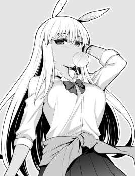 1girl breasts chewing_gum clothes_around_waist fate/grand_order fate_(series) greyscale gyaru head_wings large_breasts long_hair monochrome ono_misao pleated_skirt school_uniform skirt tan thrud_(fate) valkyrie_(fate) wings
