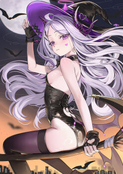 1girl ariko_(aaaaarik) bare_shoulders black_gloves black_hat black_leotard black_thighhighs blue_archive blush breasts broom broom_riding closed_mouth commentary demon_wings duplicate facial_mark fingerless_gloves floating_hair from_side full_moon gloves hair_spread_out halloween halloween_costume hand_on_headwear hat heart heart_facial_mark highleg highleg_leotard highres hina_(blue_archive) leotard long_hair looking_at_viewer looking_to_the_side low_wings moon outdoors purple_eyes sideboob small_breasts solo strapless strapless_leotard thighhighs very_long_hair white_hair wings witch_hat
