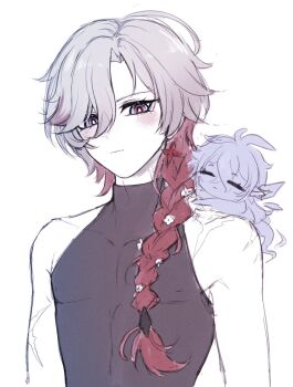 Rule 34 | 2boys, alternate hairstyle, bare shoulders, blue eyes, blush, braid, chibi on shoulder, commentary, earrings, english commentary, flins (genshin impact), flower, genshin impact, grey hair, hair between eyes, hair flower, hair ornament, hair over one eye, henna0ni, highres, illuga (genshin impact), jewelry, male focus, mole, mole under eye, multicolored hair, multiple boys, red hair, red pupils, scar, scar on arm, scar on neck, single earring, sleeveless, sleeveless turtleneck, solo, turtleneck, two-tone hair, white background