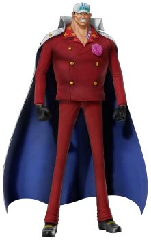 1boy 3d angry bandai_namco black_hair formal_clothes full_body jacket jacket_on_shoulders military military_uniform official_art one_piece one_piece:_odyssey pants sakazuki_(one_piece) serious short_hair simple_background solo standing suit tattoo