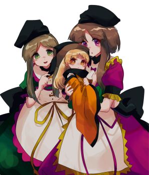 3girls aged_down amadare_rak apron back_bow black_boots black_bow black_hat blonde_hair blush boots bow brown_hair buttons carrying carrying_person child closed_mouth constellation_print cowboy_shot detached_sleeves dress frills green_dress green_eyes green_hair green_skirt hand_up hands_up hat highres long_hair long_sleeves looking_at_another looking_at_viewer matara_okina multiple_girls nishida_satono open_mouth orange_eyes orange_sleeves orange_tabard pink_dress pointing pointing_at_another puffy_short_sleeves puffy_sleeves purple_bow purple_eyes purple_ribbon ribbon shirt short_hair_with_long_locks short_sleeves simple_background skirt smile standing tabard teireida_mai touhou white_apron white_background white_shirt wide_sleeves yellow_bow yellow_ribbon