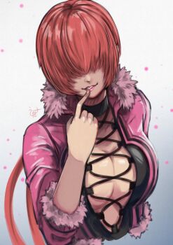 1girl breasts cleavage cleavage_cutout clothing_cutout dress female_focus fishnets fluffy hand_up huge_breasts jacket large_breasts long_hair momo__juice momo_juice pale_skin ponytail red_hair shermie_(kof) the_king_of_fighters twintails