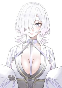 1girl breasts cleavage closed_mouth grey_hair japanese_clothes kimono medium_breasts medium_hair ninja_gaiden seori_(ninja_gaiden) shibari simple_background smile solo white_background white_hair