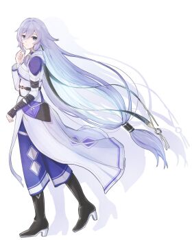 1girl black_boots blue_eyes blue_pants boots commentary_request from_side fu_hua fu_hua_(azure_empyrea) fu_hua_(taixuan_impression) full_body grey_hair hair_between_eyes heiwaninetaina high_heel_boots high_heels highres honkai_(series) honkai_impact_3rd long_hair looking_at_viewer looking_to_the_side pants purple_shirt shirt simple_background solo very_long_hair walking white_background