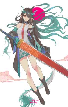 Rule 34 | 1girl, ankle boots, aqua dress, aqua hair, aqua horns, arknights, bare shoulders, black boots, black hair, black jacket, boots, breasts, brown eyes, closed mouth, colored extremities, commentary request, dragon girl, dragon horns, dragon tail, dress, dusk (arknights), earrings, eastern dragon horns, eastern dragon tail, full body, green hands, hair over one eye, highres, holding, holding sword, holding weapon, horns, jacket, jewelry, kumu feng chun, large breasts, long hair, looking at viewer, multicolored dress, multicolored hair, off shoulder, open clothes, open jacket, pointy ears, spread legs, sword, tail, two-tone dress, two-tone hair, weapon, white dress, wide sleeves