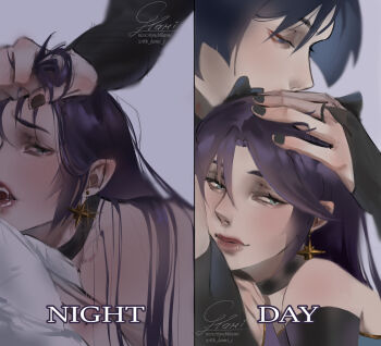 1boy 1girl alternate_hairstyle aqua_eyes armor artist_name bite_mark bite_mark_on_neck bite_mark_on_shoulder black_bridal_gauntlets black_choker black_eyeshadow black_hair black_nails blunt_ends bridal_gauntlets choker closed_mouth curtained_hair detached_sleeves earrings english_text eyelashes eyeliner eyeshadow genshin_impact gold_earrings gold_trim grabbing_another's_hair grey_background hair_between_eyes hair_down hair_intakes half-closed_eye hand_on_another's_head headpat highres holding_another's_hair implied_sex japanese_armor jewelry k_kami_i kote kurokote long_hair looking_at_another looking_at_viewer lying_on_person makeup meme mona_(genshin_impact) open_mouth parted_bangs pillow purple_eyes purple_hair purple_sleeves raised_eyebrow red_eyeliner red_eyeshadow red_lips rough_sex saliva saliva_trail scaramouche_(genshin_impact) signature smile sometimes_like_this/also_like_that_(meme) split_screen star_(symbol) star_earrings teeth twitter_username upper_teeth_only wanderer_(genshin_impact)