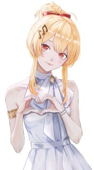 1girl absurdres ahoge alternate_costume alternate_hairstyle armlet beamed_eighth_notes blonde_hair bow breasts commentary dhbwinner double-parted_bangs dress eighth_note fortissimo hair_between_eyes hair_bow hair_bun hair_ornament hairclip halter_dress halterneck hashtag-only_commentary heart heart_hands highres hololive hololive_dev_is jewelry looking_at_viewer musical_note musical_note_hair_ornament otonose_kanade red_bow red_eyes short_hair_with_long_locks sidelocks simple_background single_hair_bun sleeveless sleeveless_dress small_breasts solo upper_body virtual_youtuber white_background white_dress