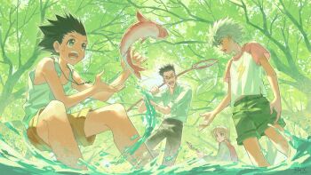4boys alternate_costume bei_18 black_hair black_pants blonde_hair blue_eyes brown_eyes brown_shorts collared_shirt commentary fish fish_request fishing glasses gon_freecss green_shorts hand_net highres hunter_x_hunter jewelry killua_zoldyck kurapika leorio_paladiknight lightning_bolt_print male_focus multiple_boys necklace open_mouth pants shirt shirt_tucked_in short_hair shorts standing symbol-only_commentary tank_top tree water white_shirt white_tank_top