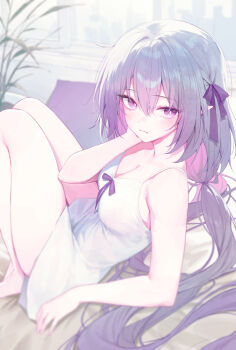1girl bare_shoulders breasts castorice_(honkai:_star_rail) cleavage couch honkai:_star_rail honkai_(series) huhi_(huhi_1211) indoors long_hair looking_at_viewer medium_breasts nightgown on_couch plant pointy_ears potted_plant purple_eyes purple_hair solo thighs very_long_hair white_nightgown window