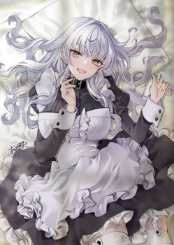 1girl akatsuki_hijiri apron black_dress breasts collar copyright_request dress happy highres large_breasts long_hair looking_at_viewer lying maid maid_apron maid_headdress open_mouth solo source_request thighhighs white_hair white_thighhighs yellow_eyes