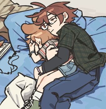 1boy 1girl adam_(umiko_zzz) age_difference animal_ears bed_sheet blue_pants blue_shorts blush bracelet brown_hair commentary cuddling dog_ears dog_girl earphones english_commentary full_body glasses green_jacket haru_(umiko_zzz) highres jacket jewelry layered_sleeves long_sleeves lying original pants pillow shirt short_hair short_over_long_sleeves short_sleeves shorts sleeping socks striped_clothes striped_shirt umiko_zzz white_socks