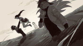 4boys absurdres adjusting_hair alternate_form antinomy armor black_hair black_shirt blonde_hair breastplate bruno_(yu-gi-oh!) clear_sky closed_eyes coat colored_bangs dappled_sunlight day evening facial_mark facing_another facing_to_the_side field gloves grass grasslands grey_eyes hair_slicked_back hand_on_own_cheek hand_on_own_face happy highres kate0099 lab_coat leaning_back lifting_person long_hair looking_at_another looking_to_the_side lucciano male_focus monochrome multiple_boys muted_color open_clothes open_coat outdoors outstretched_arms pants paradox_(yu-gi-oh!) racing_suit shirt sky sleeves_rolled_up sunlight sweater tinted_eyewear turtleneck turtleneck_shirt upper_body white_coat white_gloves white_pants wind yu-gi-oh! yu-gi-oh!_3d_bonds_beyond_time yu-gi-oh!_5d's z-one