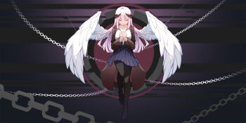 1girl :| abstract_background black_skirt chain closed_eyes closed_mouth dark_background floating full_body gradient_background head_tilt highres horns jacket leria_v long_hair no_shoes original own_hands_together pantyhose pleated_skirt shadow shirt shirt_tucked_in skirt very_long_hair white_hair white_shirt wings