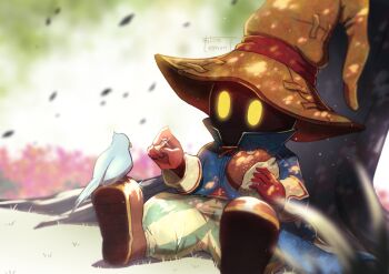 Rule 34 | 1boy, absurdres, artist name, bird, black mage (final fantasy), blue coat, blurry, blurry background, blurry foreground, boots, bread, brown boots, coat, depth of field, final fantasy, final fantasy ix, food, full body, glint, gloves, glowing, glowing eyes, hat, highres, holding, holding food, light particles, male focus, pants, red gloves, sitting, solo, striped clothes, striped pants, tree, under tree, vivi ornitier, watawata22, wizard hat, yellow eyes