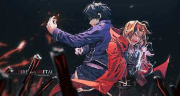 2boys amestris_military_uniform artist_name automail black_hair blonde_hair coat commentary edward_elric fullmetal_alchemist gloves male_focus mazumaro mechanical_arms military military_uniform multiple_boys ponytail prosthesis red_coat roy_mustang single_mechanical_arm white_gloves
