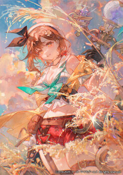 1girl atelier_(series) atelier_ryza atelier_ryza_2 beret black_gloves breasts brown_eyes brown_hair cleavage cloud collared_shirt copyright_notice cropped_jacket gloves hair_ornament hat highres holding holding_staff jewelry key key_necklace large_breasts leather_belt maccha_(mochancc) midriff necklace official_art outdoors parted_lips partially_fingerless_gloves red_shorts reisalin_stout shirt short_shorts shorts solo staff thigh_strap white_hat white_shirt