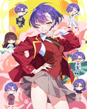 1girl absurdres artist_logo artist_name atomicmrshmallw bathrobe black_socks blazer brown_necktie chibi chibi_inset dress earrings floral_background formal_clothes grey_skirt highres jacket jewelry logo long_sleeves mikadono_kazuki mikadono_sanshimai_wa_angai_choroi miniskirt multiple_views necktie official_alternate_costume official_alternate_hairstyle one_eye_closed parted_lips pleated_skirt purple_hair purple_robe red_jacket red_vest robe school_uniform shirt short_hair skirt socks suit v v_over_mouth vest white_dress white_shirt white_suit yellow_eyes