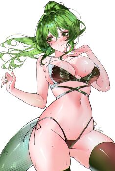 1girl arknights arknights:_endfield bikini black_bikini black_thighhighs blush breasts commentary english_commentary fluorite_(arknights) green_eyes green_hair green_nails green_tail highres large_breasts long_hair midriff navel ponytail sanya_(sanya_lox228) simple_background snake_girl snake_tail solo sweat swimsuit tail thighhighs white_background