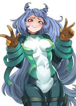 1girl blue_bodysuit blue_eyes blue_hair blush bodysuit boku_no_hero_academia breasts double_w drill_hair gloves green_bodysuit hado_nejire hair_horns highres large_breasts long_hair looking_at_viewer multicolored_bodysuit open_mouth simple_background skin_tight smile solo superhero_costume thigh_strap unusualpie very_long_hair w white_background yellow_gloves