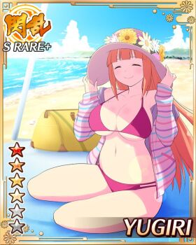 1girl beach bikini border breasts card_(medium) cleavage closed_eyes closed_mouth day english_text game_cg green_eyes hime_cut hood hoodie large_breasts looking_at_viewer navel non-web_source ocean official_alternate_costume official_art orange_hair pink_bikini pink_hoodie senran_kagura senran_kagura_new_wave sitting skindentation smile solo striped_clothes striped_hoodie swimsuit towel umbrella underboob yugiri_(senran_kagura)