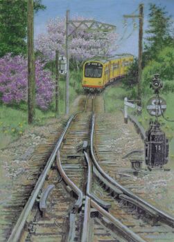 absurdres bush cherry_blossoms day flower highres hill no_humans original overhead_line pantograph power_lines sleeveless tanamachi_yoshihiro train tree truss utility_pole yellow_flower