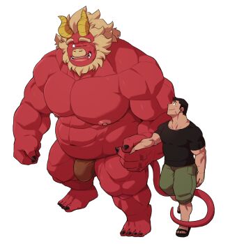 2boys absurdres bara beard belly black_hair blank_eyes bulge colored_skin curled_horns dragon_horns facial_hair fewer_digits forked_eyebrows full_body furry furry_male furry_with_non-furry gardie_(otsukimi) green_shorts happy head_tilt highres holding holding_umbrella horns huge_eyebrows huge_pectorals interspecies kouhei_(otsukimi) large_bulge large_hands large_pectorals lion_hair loincloth looking_at_another male_focus multiple_boys muscular muscular_male nipples one_eye_closed original otsukimi pectorals red_skin shirt short_hair shorts sideburns sideburns_stubble size_difference standing strongman_waist stubble t-shirt tail_around_another&#039;s_leg tail_wrap thick_eyebrows thick_thighs thighs topless_male tusks umbrella yaoi