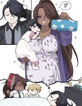 1boy 2girls anger_vein angry blush breasts collarbone dark-skinned_female dark_skin dreaming genderswap genderswap_(mtf) heathcliff_(project_moon) hong_lu_(project_moon) housewife limbus_company long_hair multiple_boys multiple_girls ngancurindunia ponytail pregnant project_moon purple_eyes scar sleeping sweat sweatdrop white_background