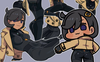 1girl :3 arm_support arms_up ass black_bodysuit black_hair blue_eyes blush_stickers bodysuit breasts brown_jacket chibi chibi_inset closed_mouth commentary covered_navel cowboy_shot emma_(pokemon) from_behind grey_background grin hair_ornament hand_on_own_hip holding holding_poke_ball jacket jazz_jack leaning_forward long_sleeves looking_at_viewer looking_back medium_breasts multiple_views nintendo open_clothes open_jacket outline outstretched_arm poke_ball poke_ball_(basic) pokemon pokemon_legends:_z-a reclining short_hair simple_background skin_tight smile standing white_outline