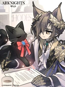 1boy 1girl absurdres arknights ascot black_cat black_gloves black_jacket book bookshelf bow bowtie brooch brown_hair cat closed_eyes coffee_mug commentary copyright_name copyright_notice cup emphasis_lines english_commentary gloves hair_over_one_eye highres indoors jacket jewelry looking_at_another material_growth miss_christine_(arknights) morini_ochiteru mug multiple_tails official_art oripathy_lesion_(arknights) paper paw_print phantom_(arknights) red_bow red_bowtie rhodes_island_logo_(arknights) second-party_source signature smile sparkle tail tragodia_(arknights) white_ascot yellow_eyes